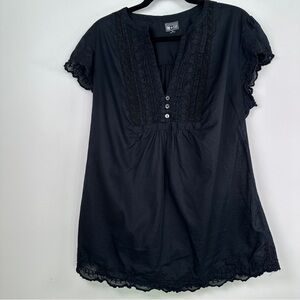 Converse One Star Black Lace Detail V Neck Blouse Lightweight Cotton Top Size XL